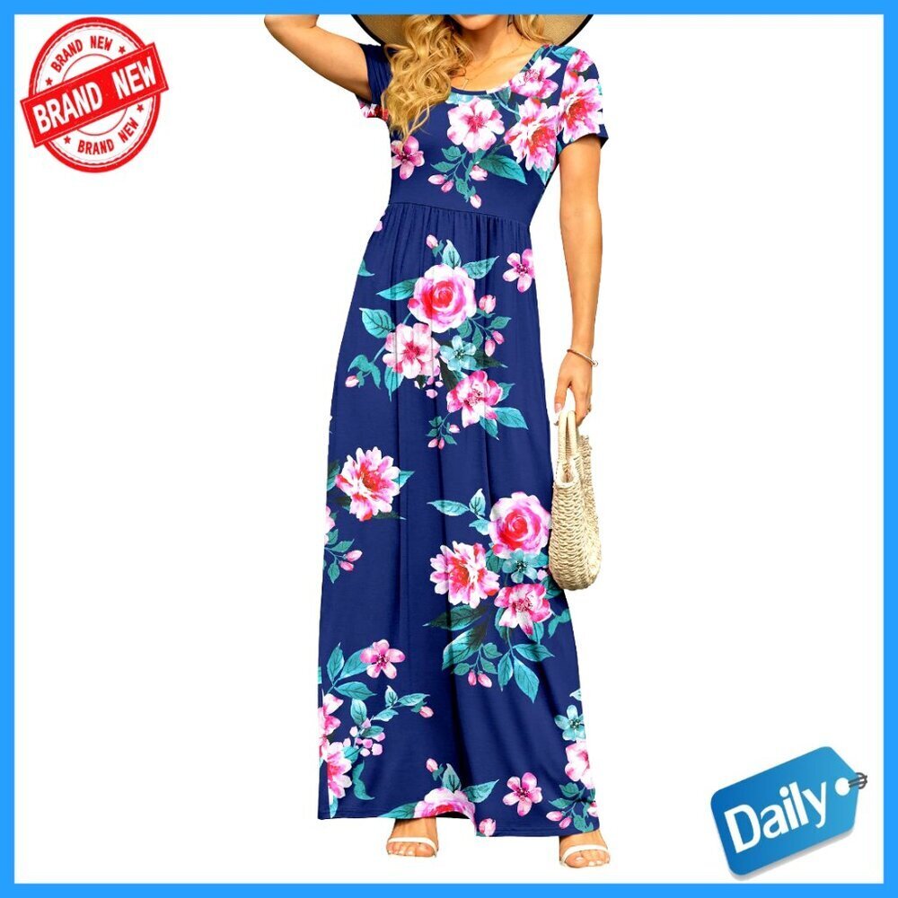 Summer Maxi Dress with Pockets Casual Short Sleeve Empire Waist Long Dress